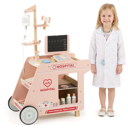 Wooden Doctor Playset for Kids Pretend Play Doctor Kit with Cart Gift for Toddlers Boys Girls Aged 3+