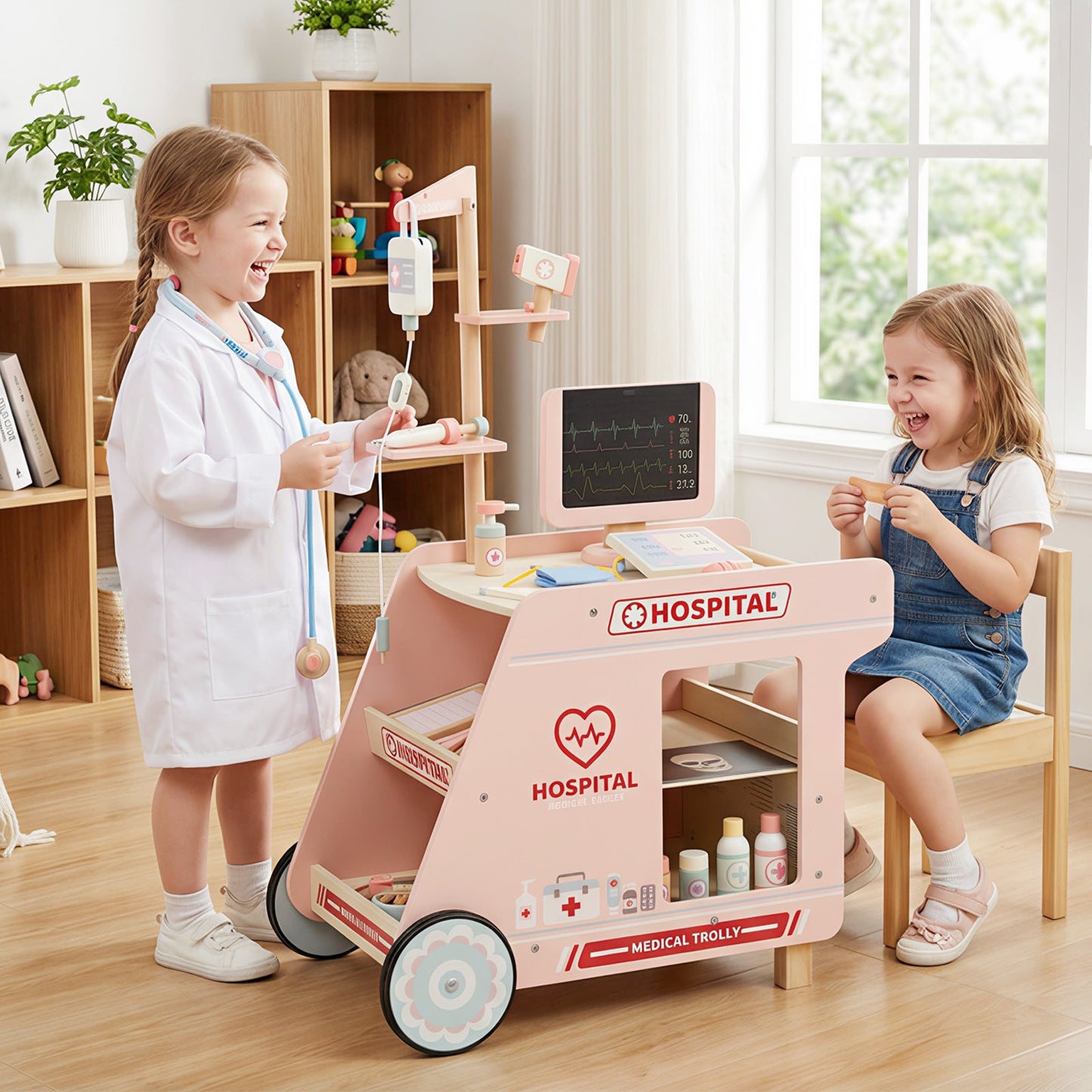 Wooden Doctor Playset for Kids Pretend Play Doctor Kit with Cart Gift for Toddlers Boys Girls Aged 3+