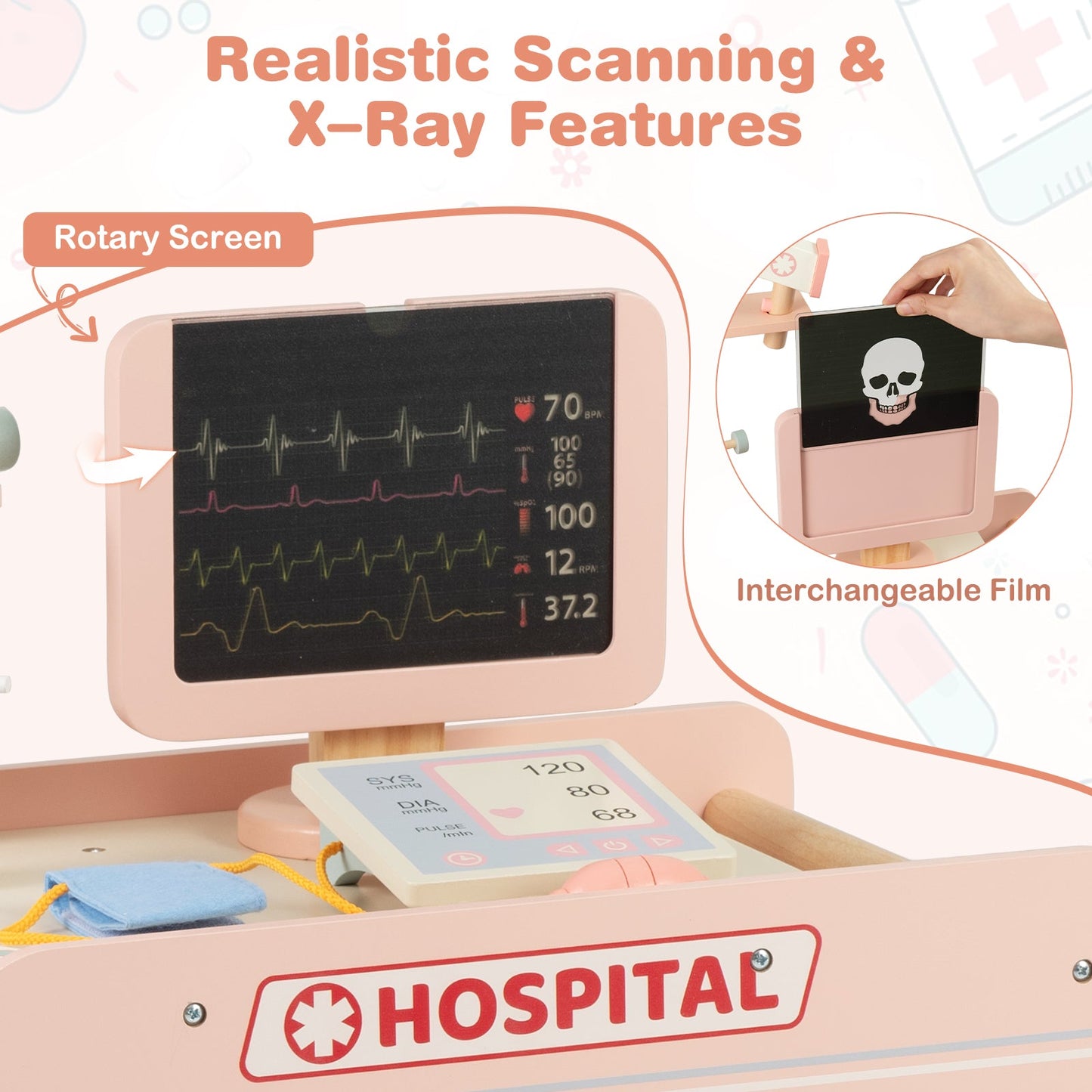 Wooden Doctor Playset for Kids Pretend Play Doctor Kit with Cart Gift for Toddlers Boys Girls Aged 3+
