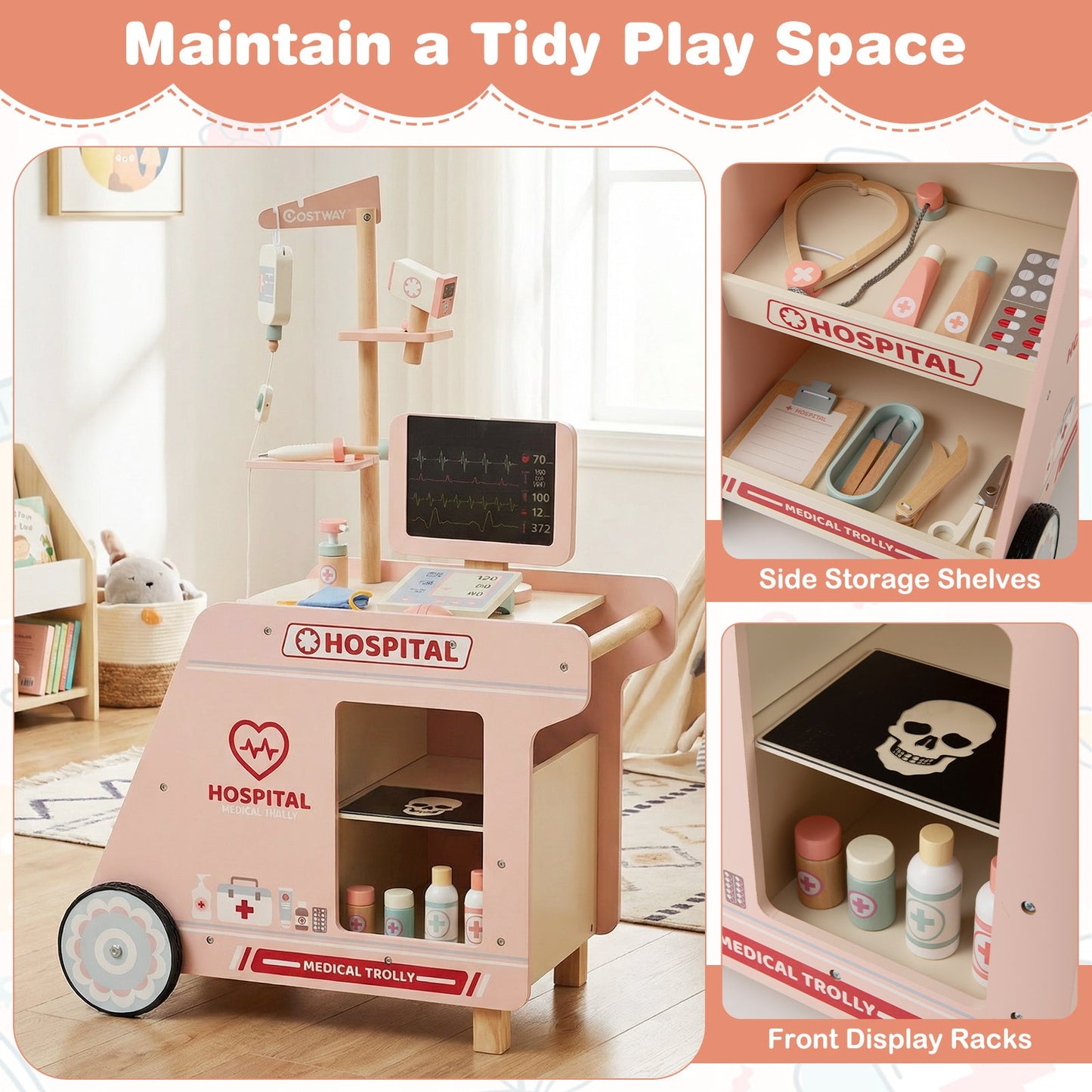 Wooden Doctor Playset for Kids Pretend Play Doctor Kit with Cart Gift for Toddlers Boys Girls Aged 3+