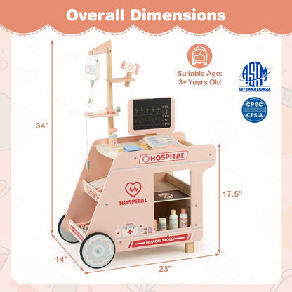 Wooden Doctor Playset for Kids Pretend Play Doctor Kit with Cart Gift for Toddlers Boys Girls Aged 3+