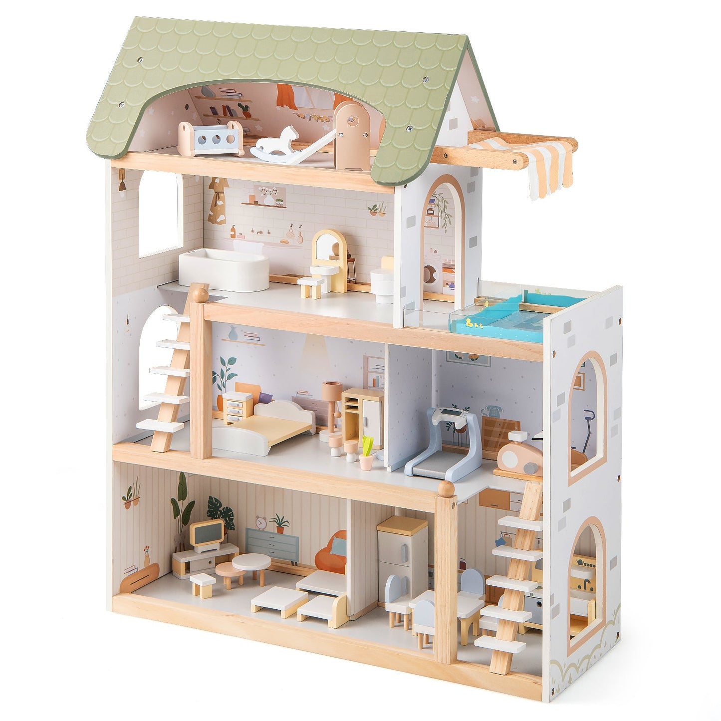 Wooden Dollhouse Kids DIY Pretend Playhouse with 33 PCS Furniture Accessories-Green