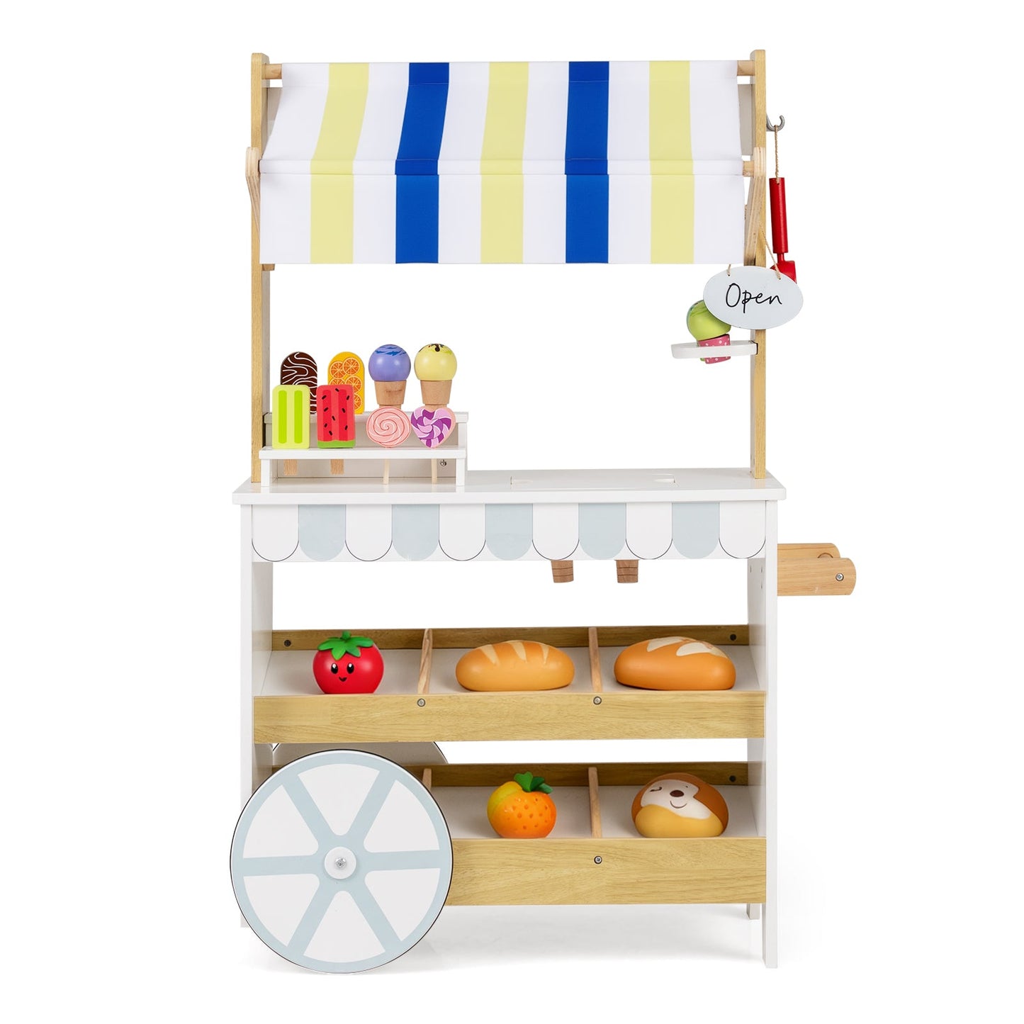 Wooden Ice Cream Cart for Kids 2-in-1 Grocery Store Playset with Display Shelves-White