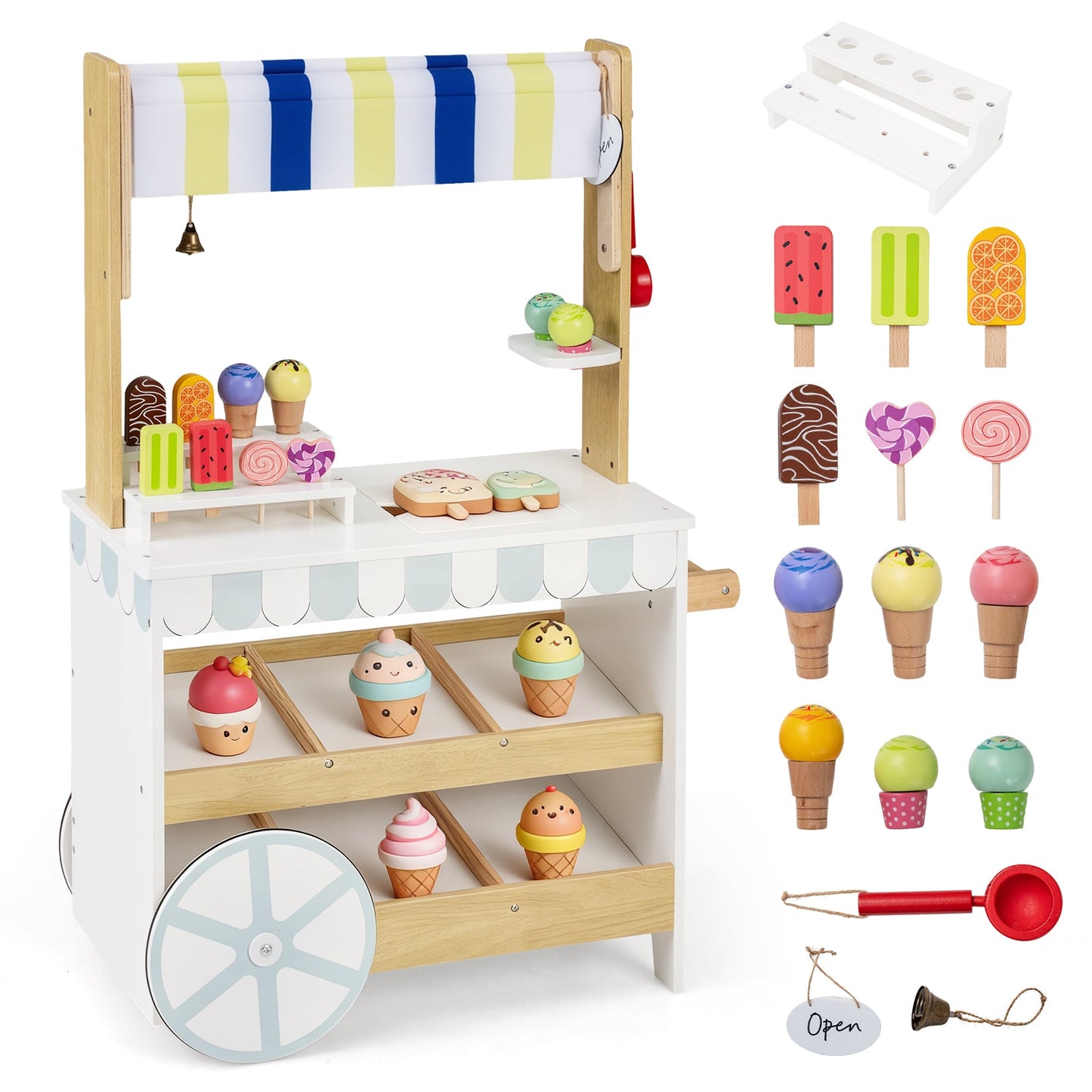 Wooden Ice Cream Cart for Kids 2-in-1 Grocery Store Playset with Display Shelves-White