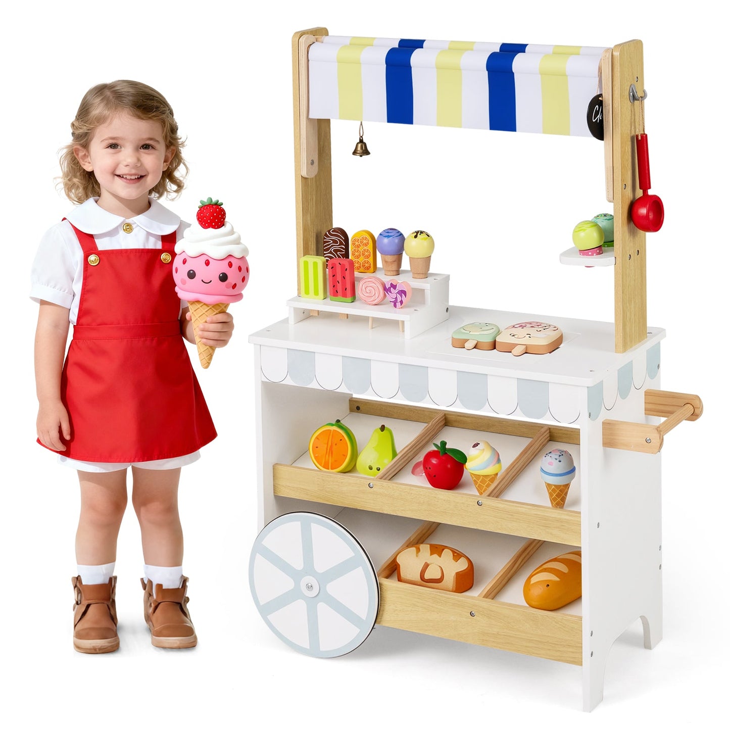 Wooden Ice Cream Cart for Kids 2-in-1 Grocery Store Playset with Display Shelves-White