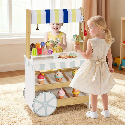 Wooden Ice Cream Cart for Kids 2-in-1 Grocery Store Playset with Display Shelves-White
