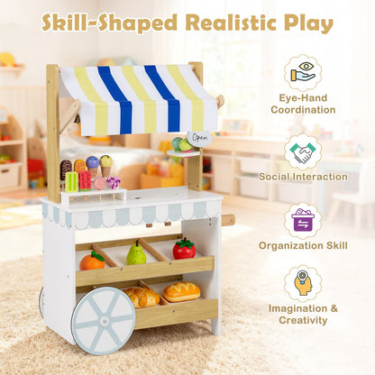 Wooden Ice Cream Cart for Kids 2-in-1 Grocery Store Playset with Display Shelves-White