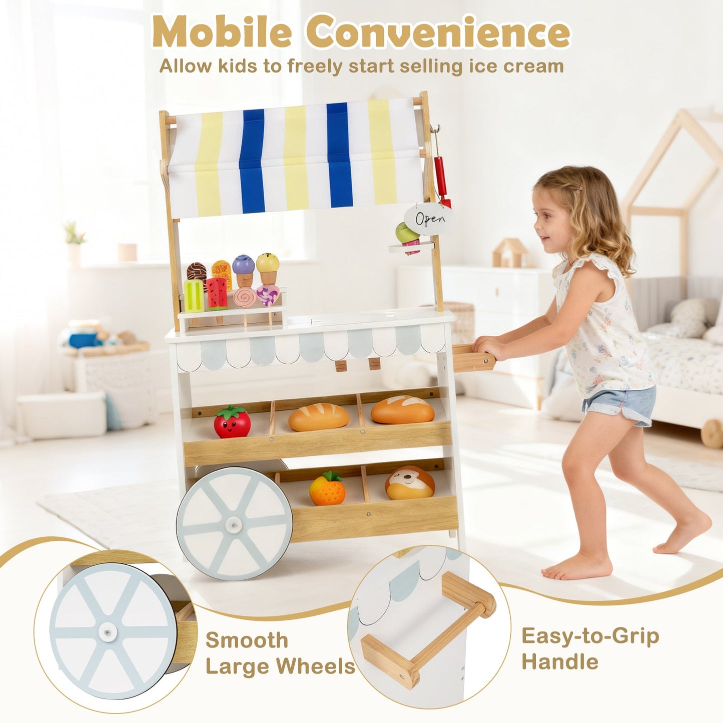 Wooden Ice Cream Cart for Kids 2-in-1 Grocery Store Playset with Display Shelves-White