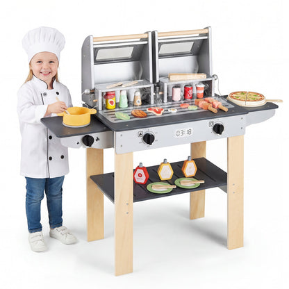 Wooden Kids Barbecue Grill Playset Kids Toy Grill with Abundant Grilling Tools and Play Foods