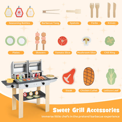 Wooden Kids Barbecue Grill Playset Kids Toy Grill with Abundant Grilling Tools and Play Foods