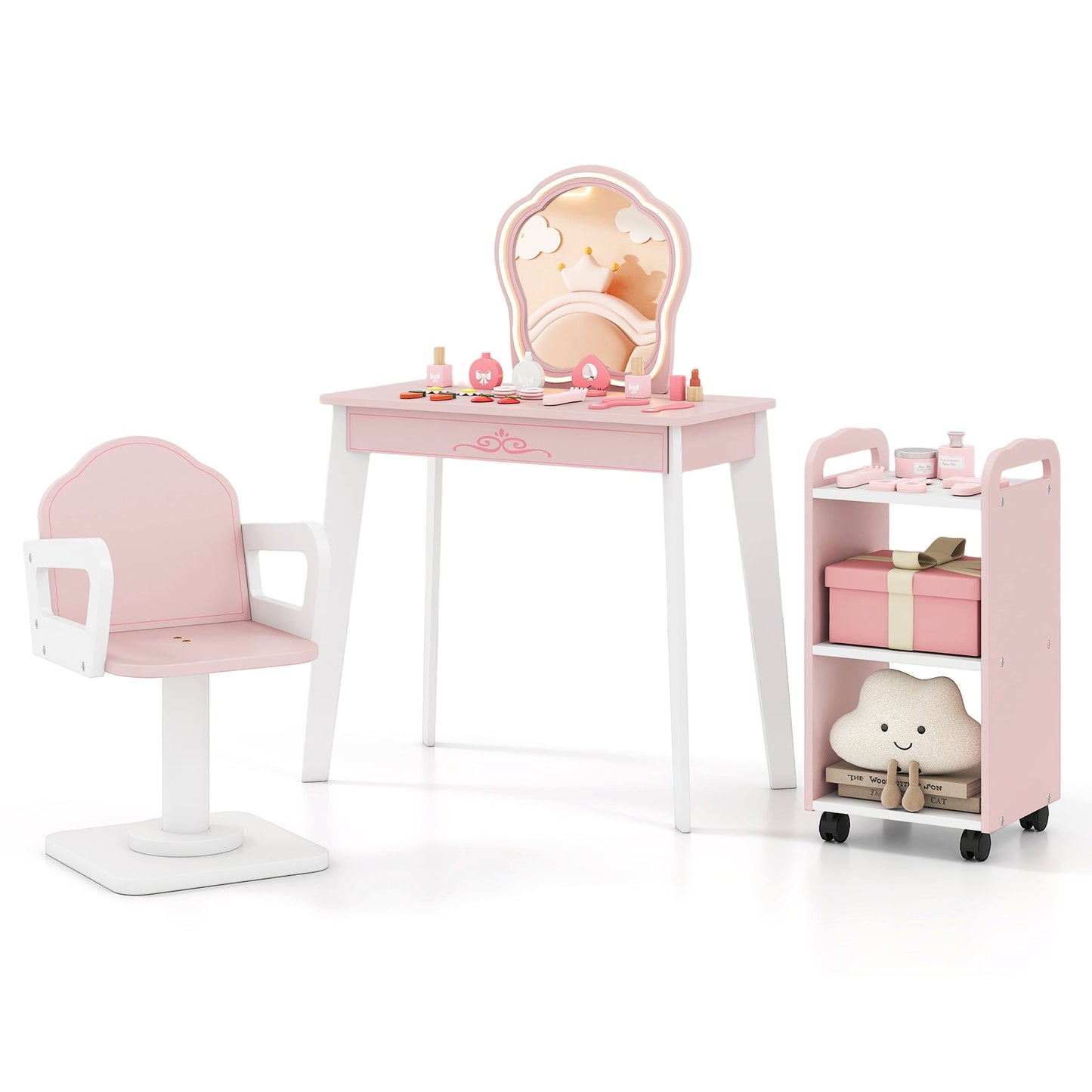 Wooden Kids Hair Salon Play Set with LED Lighted Mirror-Pink