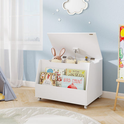 Wooden Mobile Toy Storage Organizer with Bookshelf and Lockable Wheels