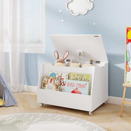 Wooden Mobile Toy Storage Organizer with Bookshelf and Lockable Wheels