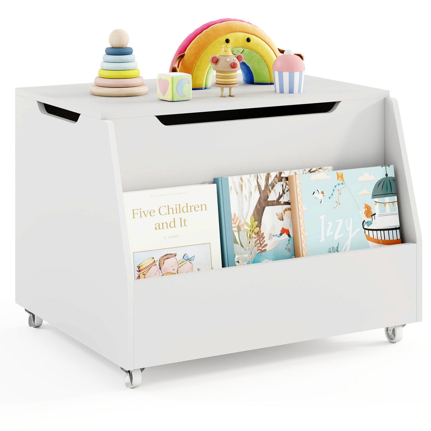 Wooden Mobile Toy Storage Organizer with Bookshelf and Lockable Wheels
