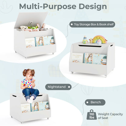 Wooden Mobile Toy Storage Organizer with Bookshelf and Lockable Wheels