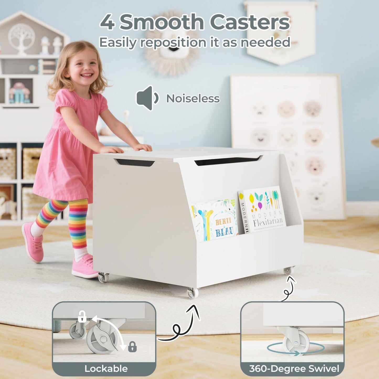 Wooden Mobile Toy Storage Organizer with Bookshelf and Lockable Wheels
