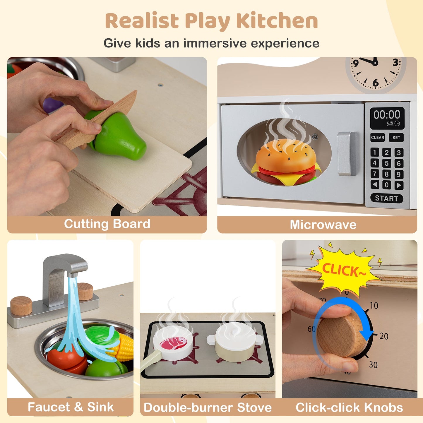 Wooden Play Kitchen Cooking Toy Playset for Kids-White