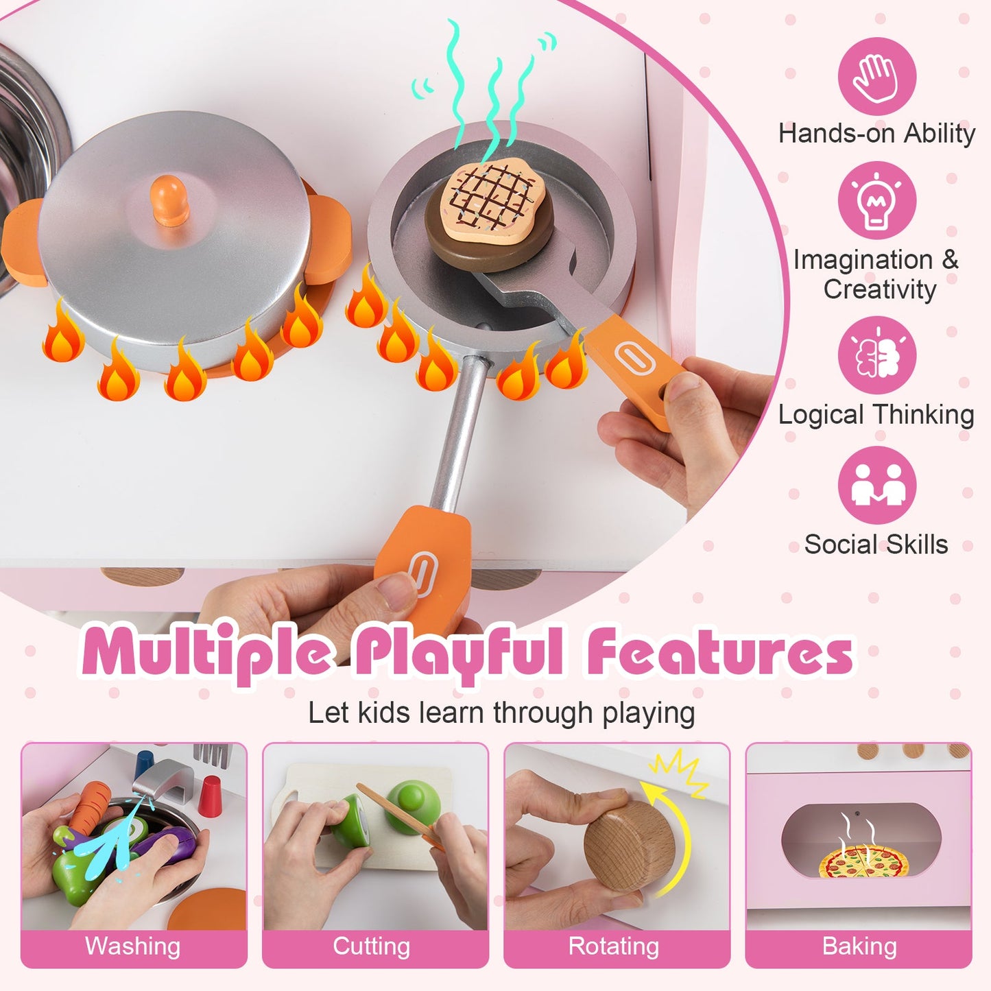 Wooden Play Kitchen for Kids Pretend Play Toy Kitchen Set with Clock Gift for Boys and Girls 3 +Pink