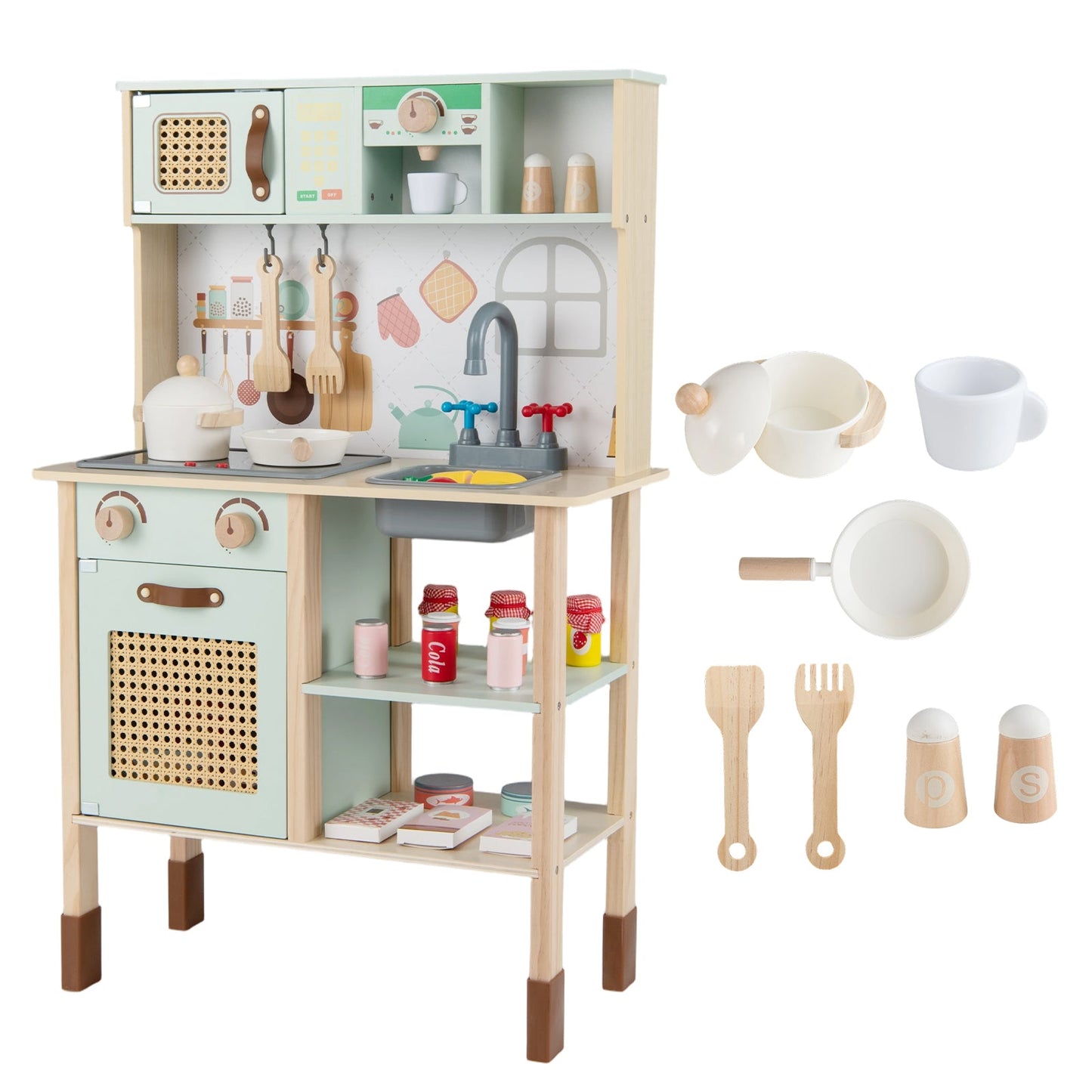 Wooden Play Kitchen for Kids with Lights and Sounds Retro Style With Accessories-Green