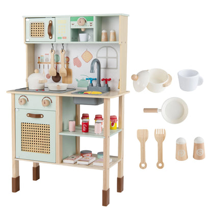 Wooden Play Kitchen for Kids with Lights and Sounds Retro Style With Accessories-Green