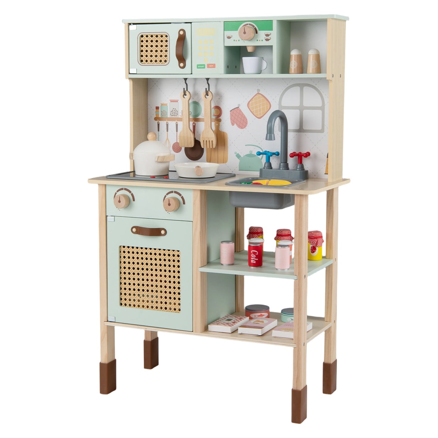 Wooden Play Kitchen for Kids with Lights and Sounds Retro Style With Accessories-Green