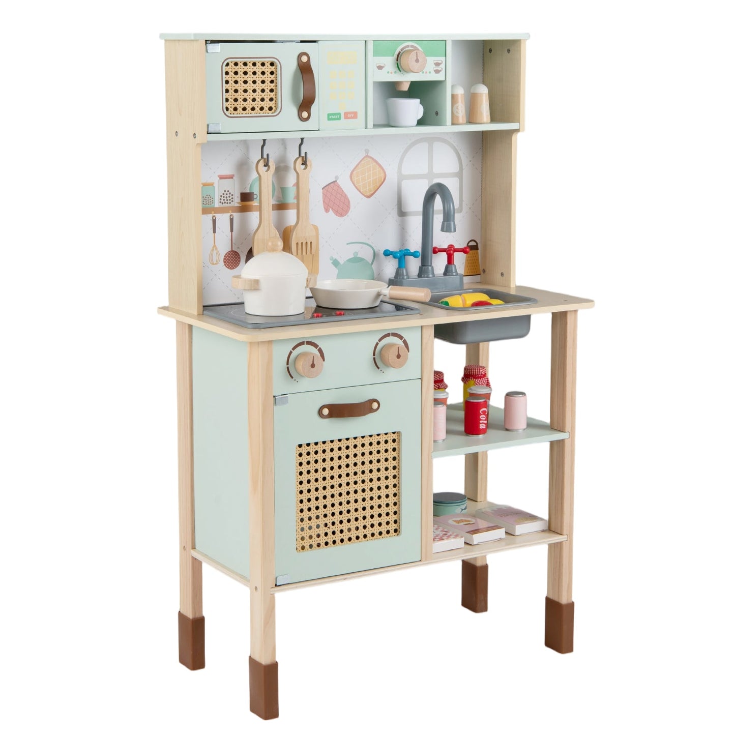 Wooden Play Kitchen for Kids with Lights and Sounds Retro Style With Accessories-Green
