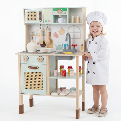 Wooden Play Kitchen for Kids with Lights and Sounds Retro Style With Accessories-Green