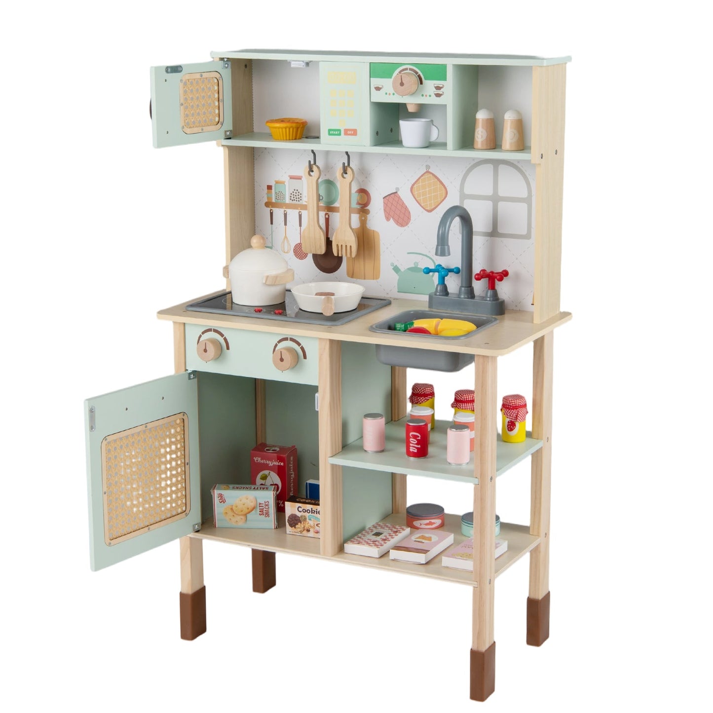 Wooden Play Kitchen for Kids with Lights and Sounds Retro Style With Accessories-Green