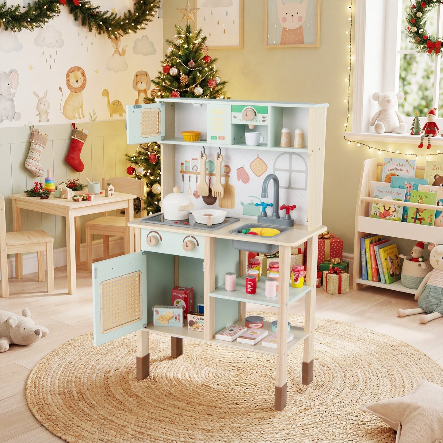 Wooden Play Kitchen for Kids with Lights and Sounds Retro Style With Accessories-Green