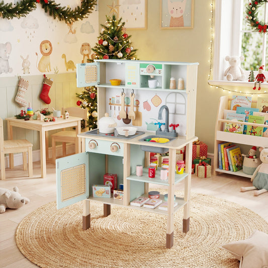 Wooden Play Kitchen for Kids with Lights and Sounds Retro Style With Accessories-Green