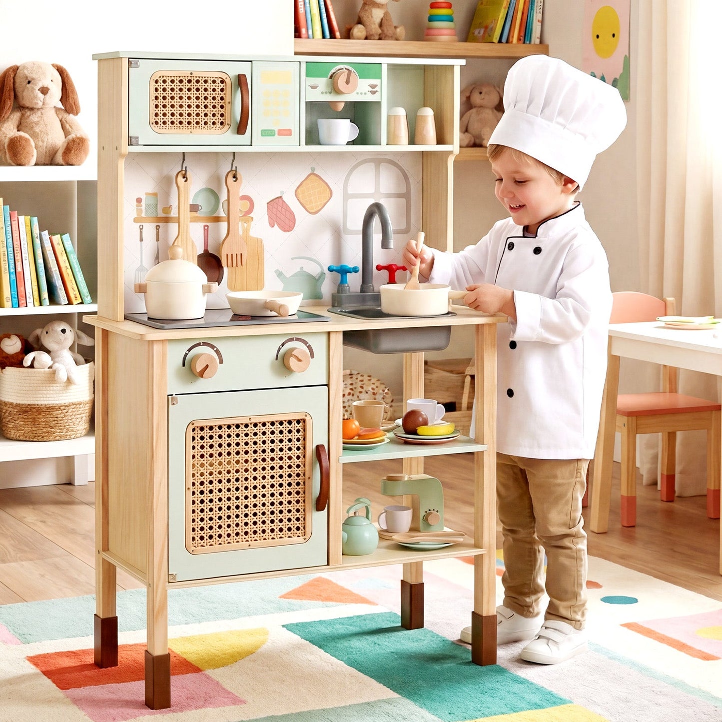 Wooden Play Kitchen for Kids with Lights and Sounds Retro Style With Accessories-Green
