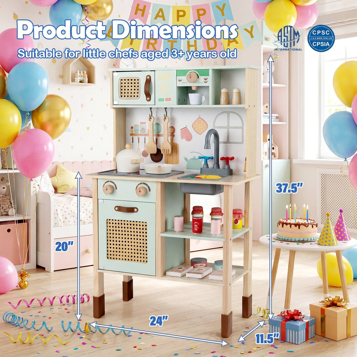 Wooden Play Kitchen for Kids with Lights and Sounds Retro Style With Accessories-Green