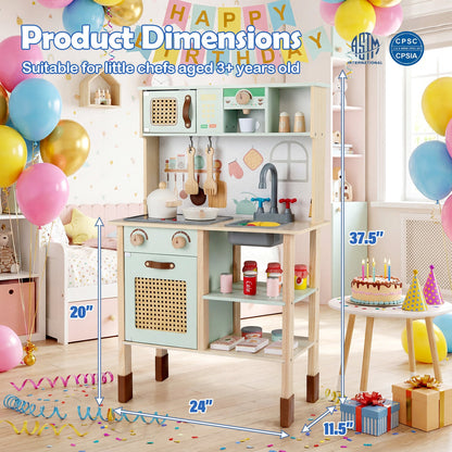 Wooden Play Kitchen for Kids with Lights and Sounds Retro Style With Accessories-Green