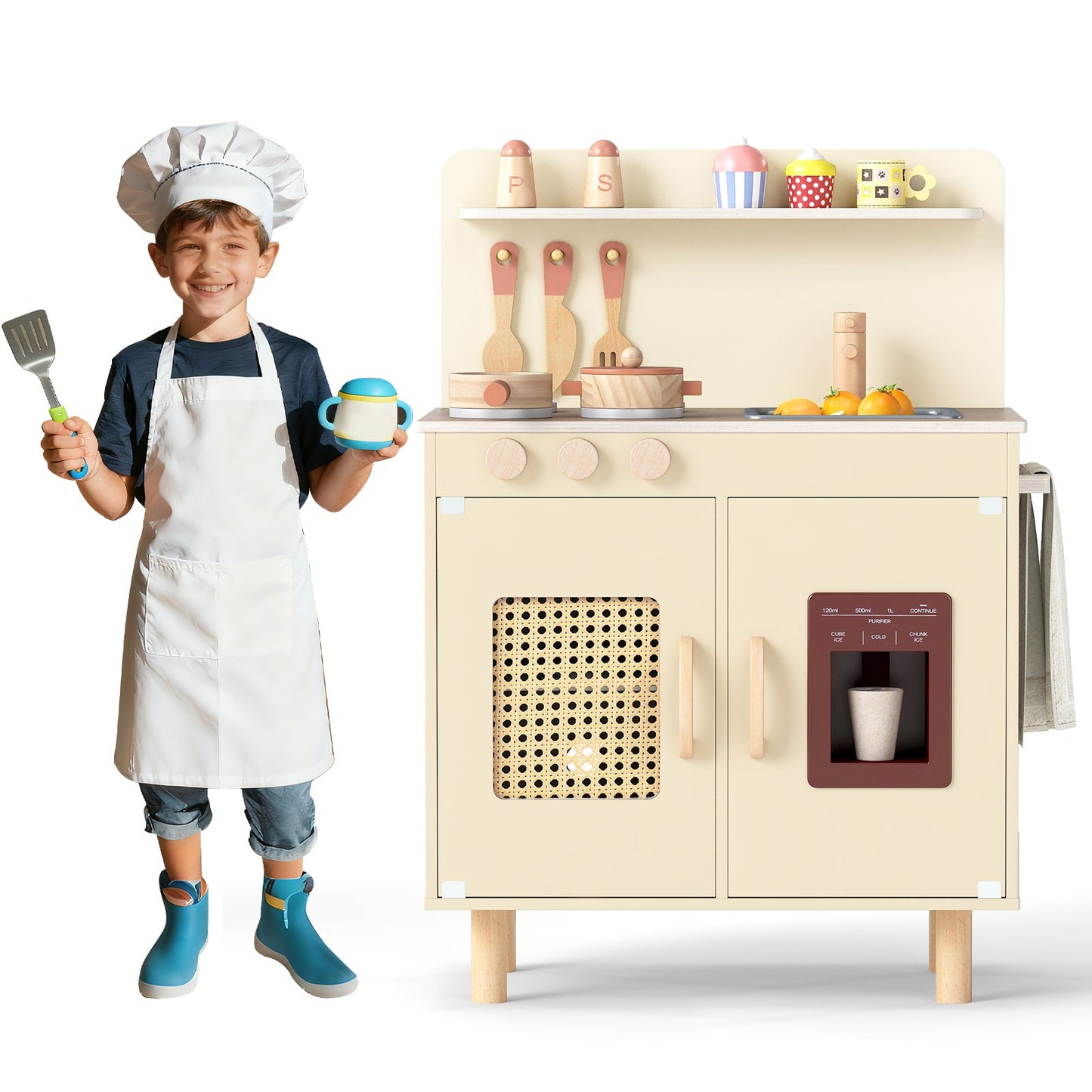 Wooden Pretend Kitchen Playset with Realistic Ice Maker
