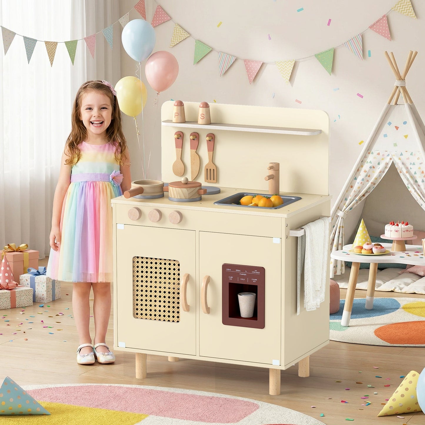 Wooden Pretend Kitchen Playset with Realistic Ice Maker