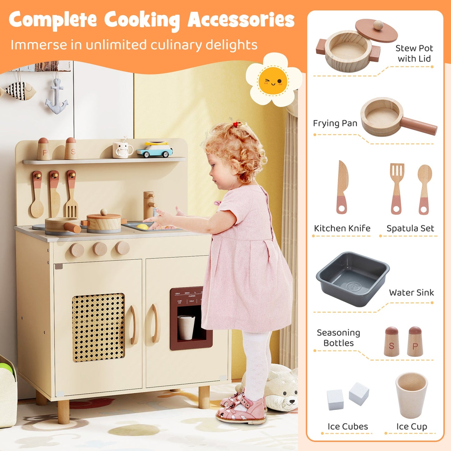 Wooden Pretend Kitchen Playset with Realistic Ice Maker