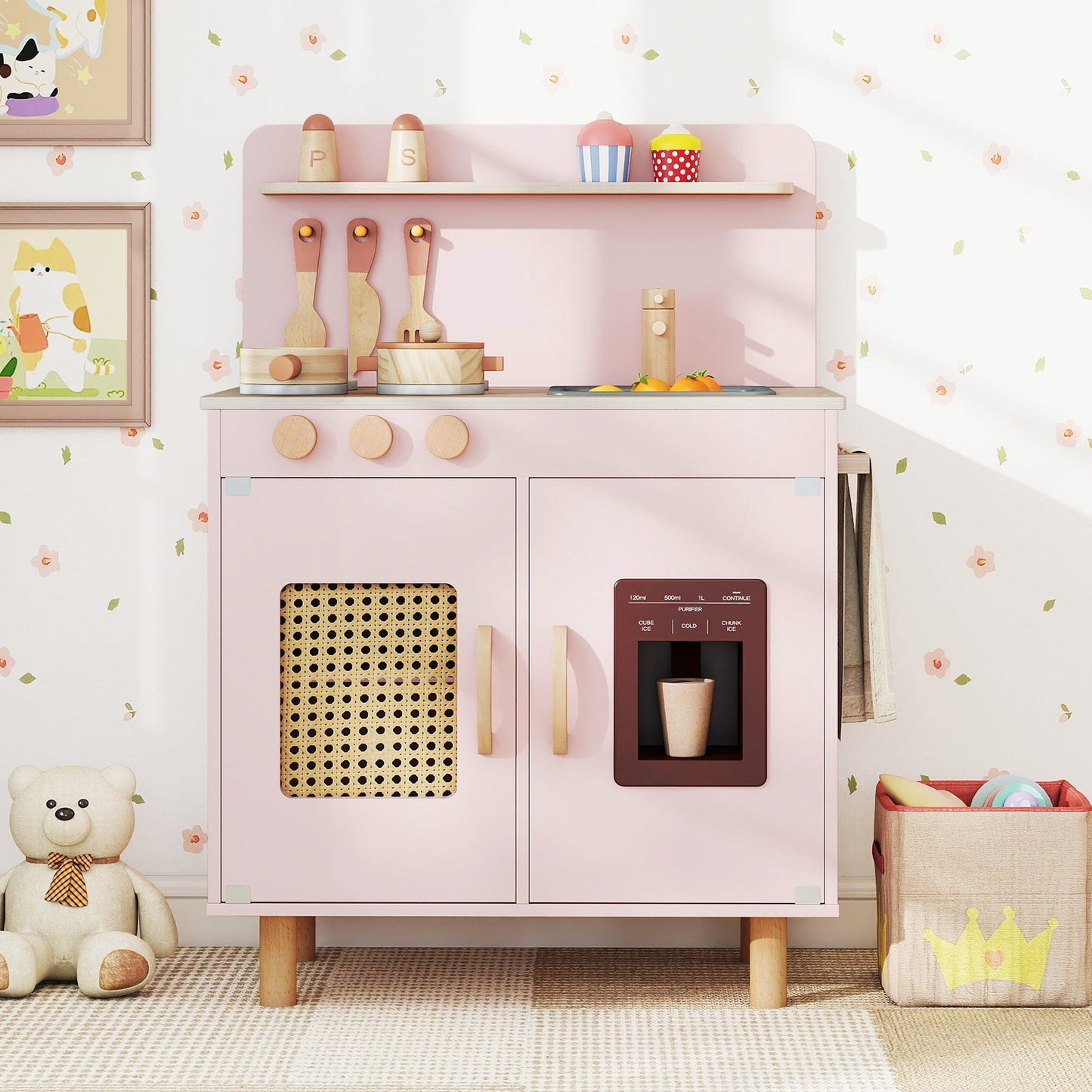 Wooden Pretend Kitchen Playset with Realistic Ice Maker