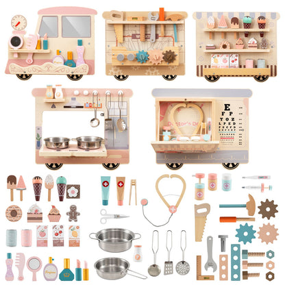 Wooden Sensory Wall Panel with Vanity and Tool Box