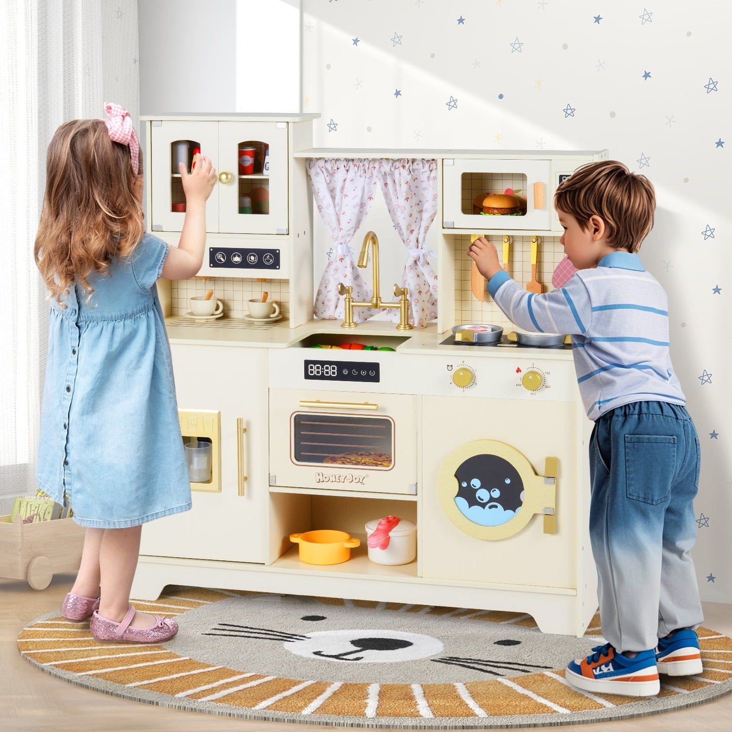 Wooden Toy Kitchen Playset with 14 Accessories for Aged 3+ Years-Beige