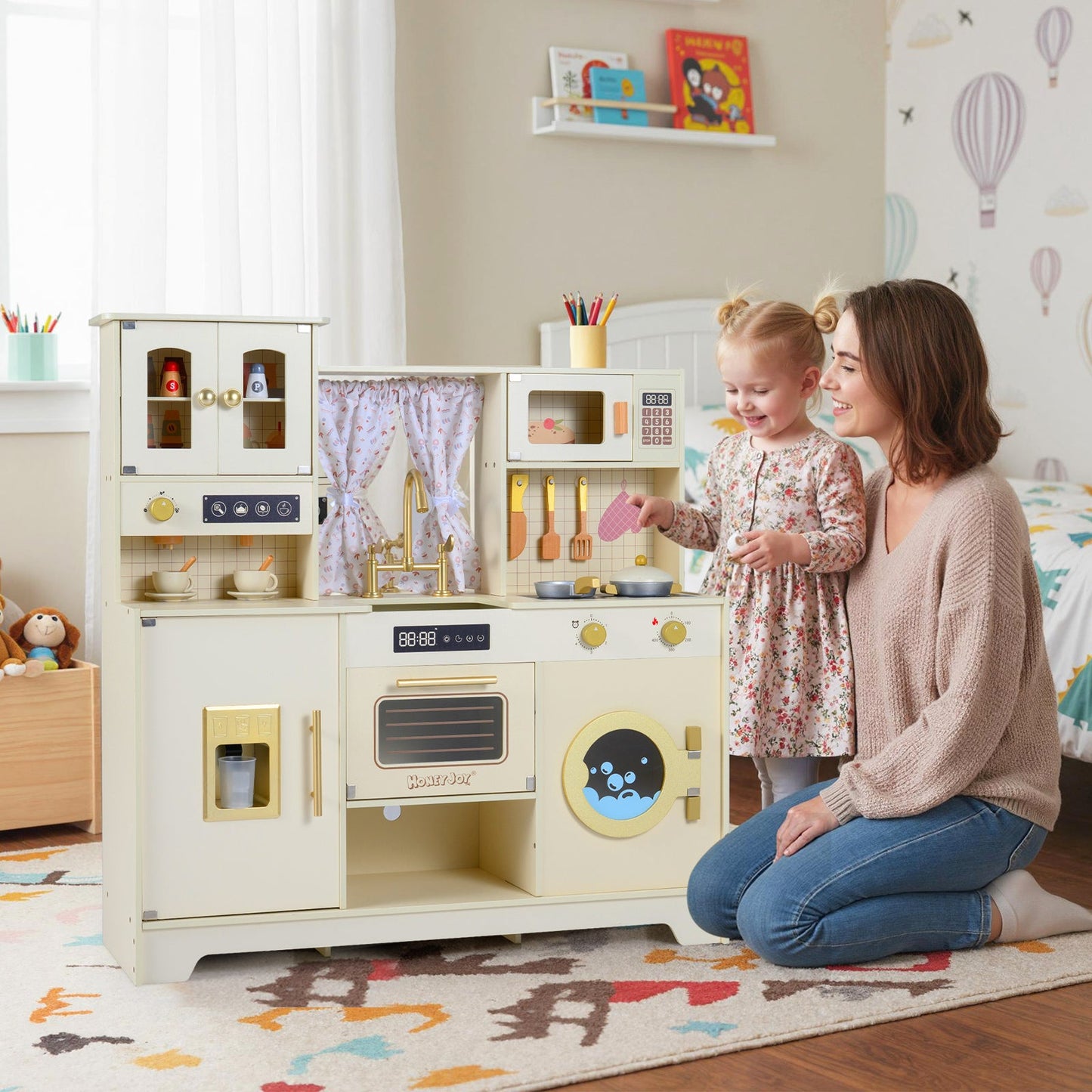 Wooden Toy Kitchen Playset with 14 Accessories for Aged 3+ Years-Beige