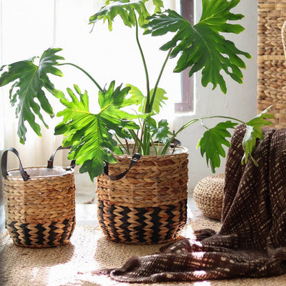 Two-Tone Basket Planter with Leather Handles