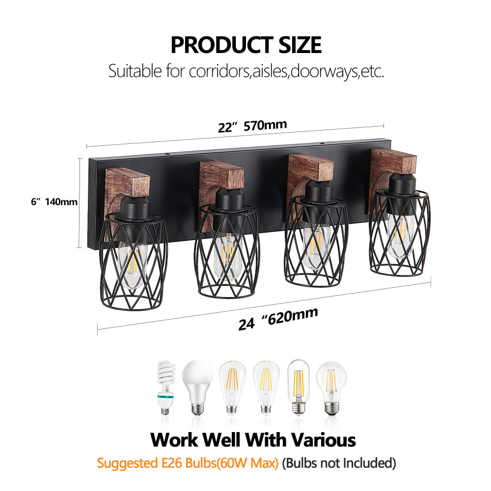 Industrial Black Cage Wall Sconce with Wood Accents | 3/4/5/6/7-Light Vintage Fixture for Bathroom, Hallway & Living Room