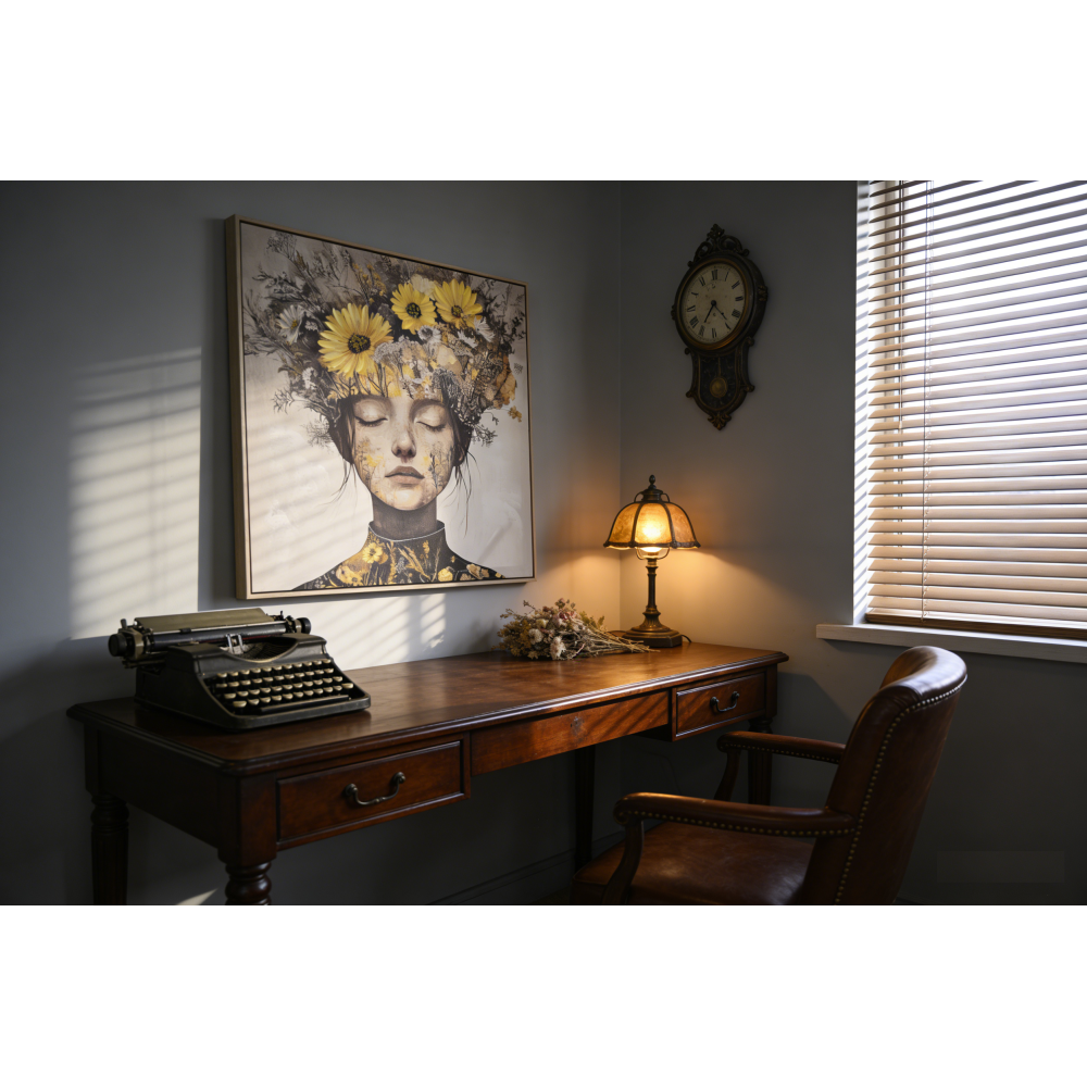 Floral Beauty Lady Canvas Wall Art | Gold & White Framed Print for Bedroom & Living Room — 24×24 Inch