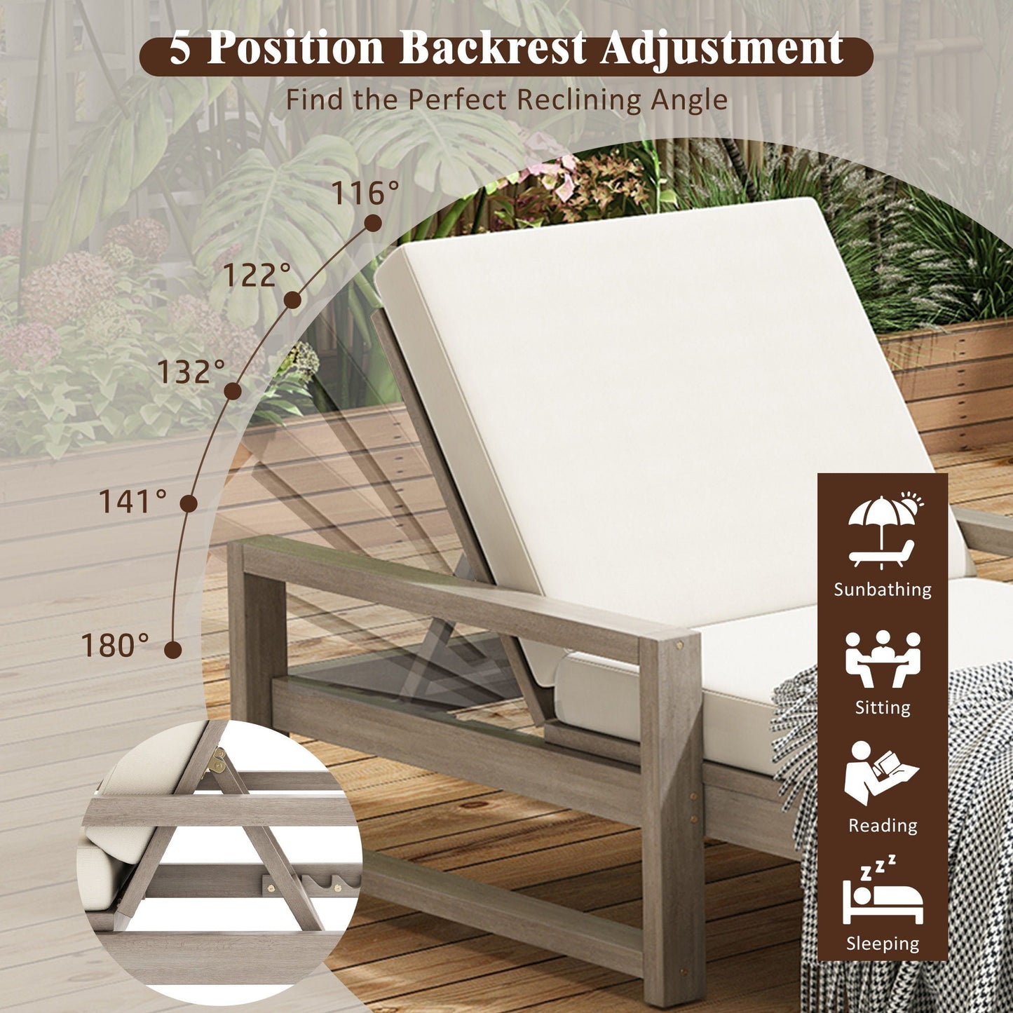 Outdoor Lounge Chairs, 5 Position Chaise Lounge With Adjustable Backrest (Set of 2) - Gray