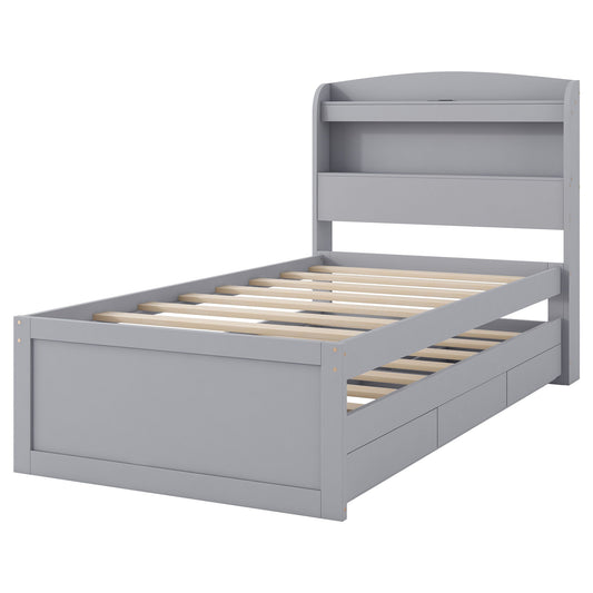 Platform Bed With LED Headboard, Charging Station, Trundle And 2 Drawers