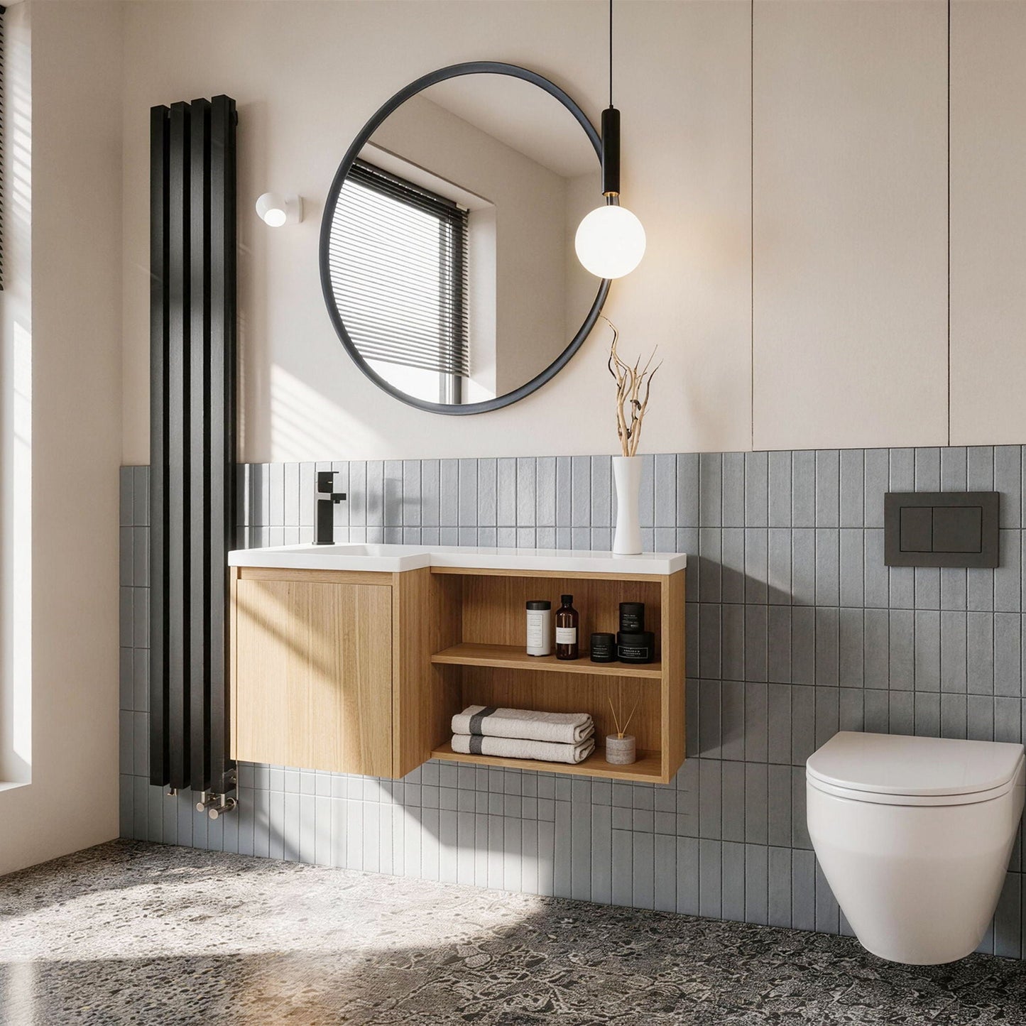 L-Shaped Wall Mounte Floating Bathroom Vanity With Integrated Sink