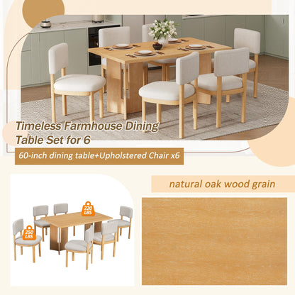 Dining Table Set With 6 Upholstered Chairs, Rectangular Table With Cutout Legs