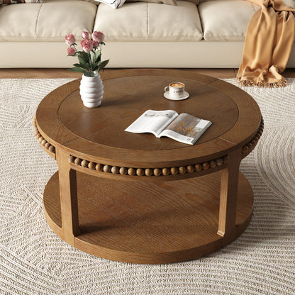 31.5" Round Solid Wood Coffee Table — Two-Tier Shelf, Natural Finish