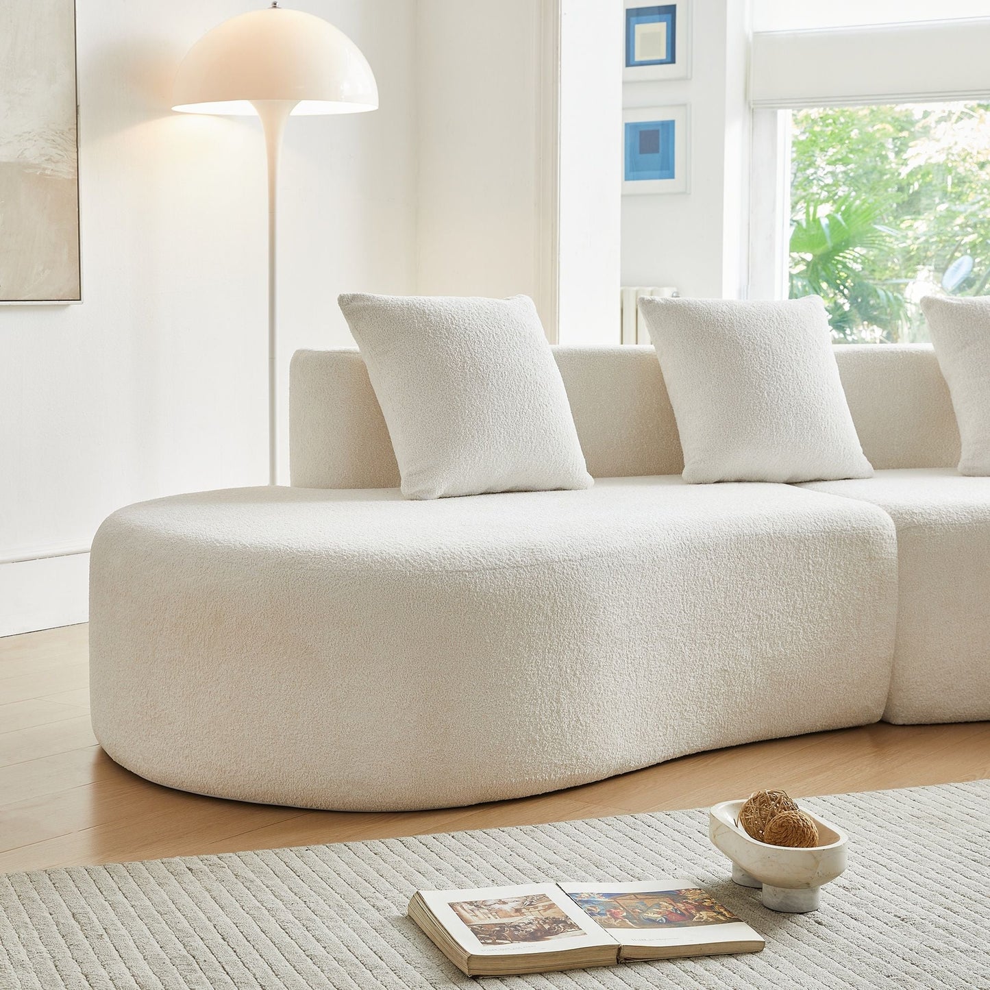 Curved Boneless Couch, Half Moon Sofa, 5 Seat Couch With High Density Foam Filled For Living Room - White