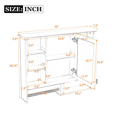 Wall Mount 2 In 1 Mirror Cabinet With Adjustable Shelves, Open Storage, For Bathroom Vanity - White